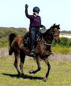 Kristen Fisher waves hello from horseback on endurance ride